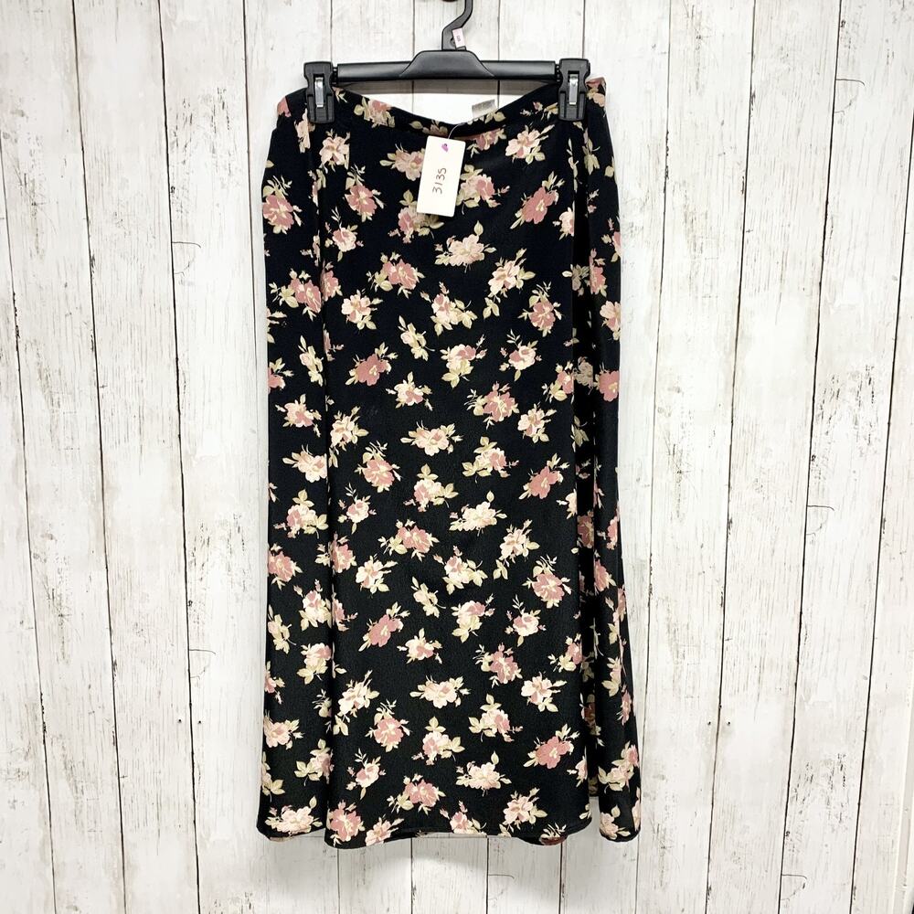 Vintage Lauren Alexandra‎ Collection Skirt Women 10 Black Floral Fit Flare Midi